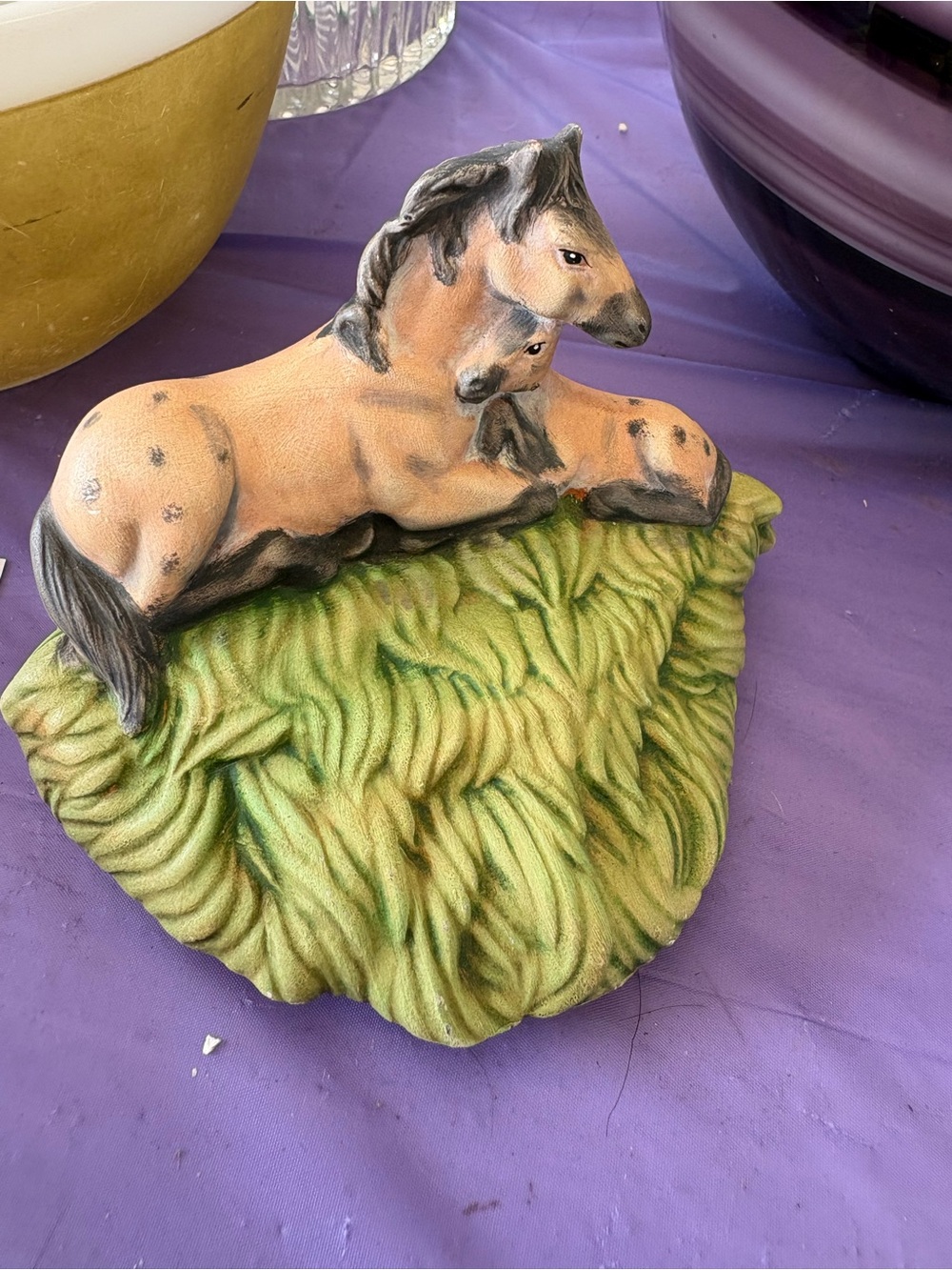 Source Unknown Tan and Black Horse Sculpture on Green Base